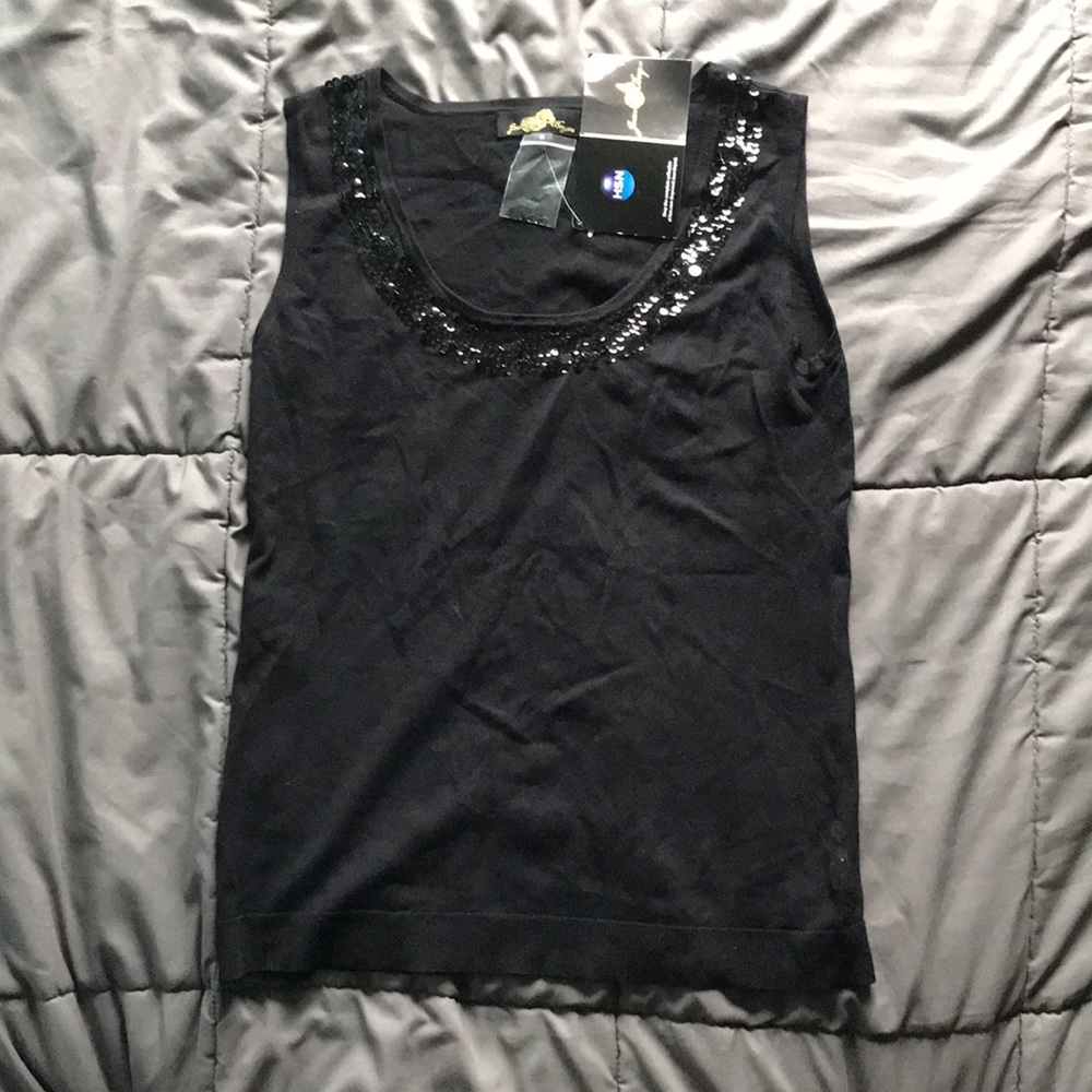 Joan Boyce black sleeveless sequined tank top. Brand New Size Medium.